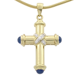 Kors i guld med blå safir