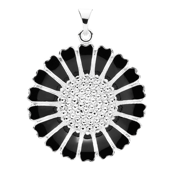 Knogle frekvens silhuet Marguerit sølv med sort emalje 25 mm. - Smykkebutikken